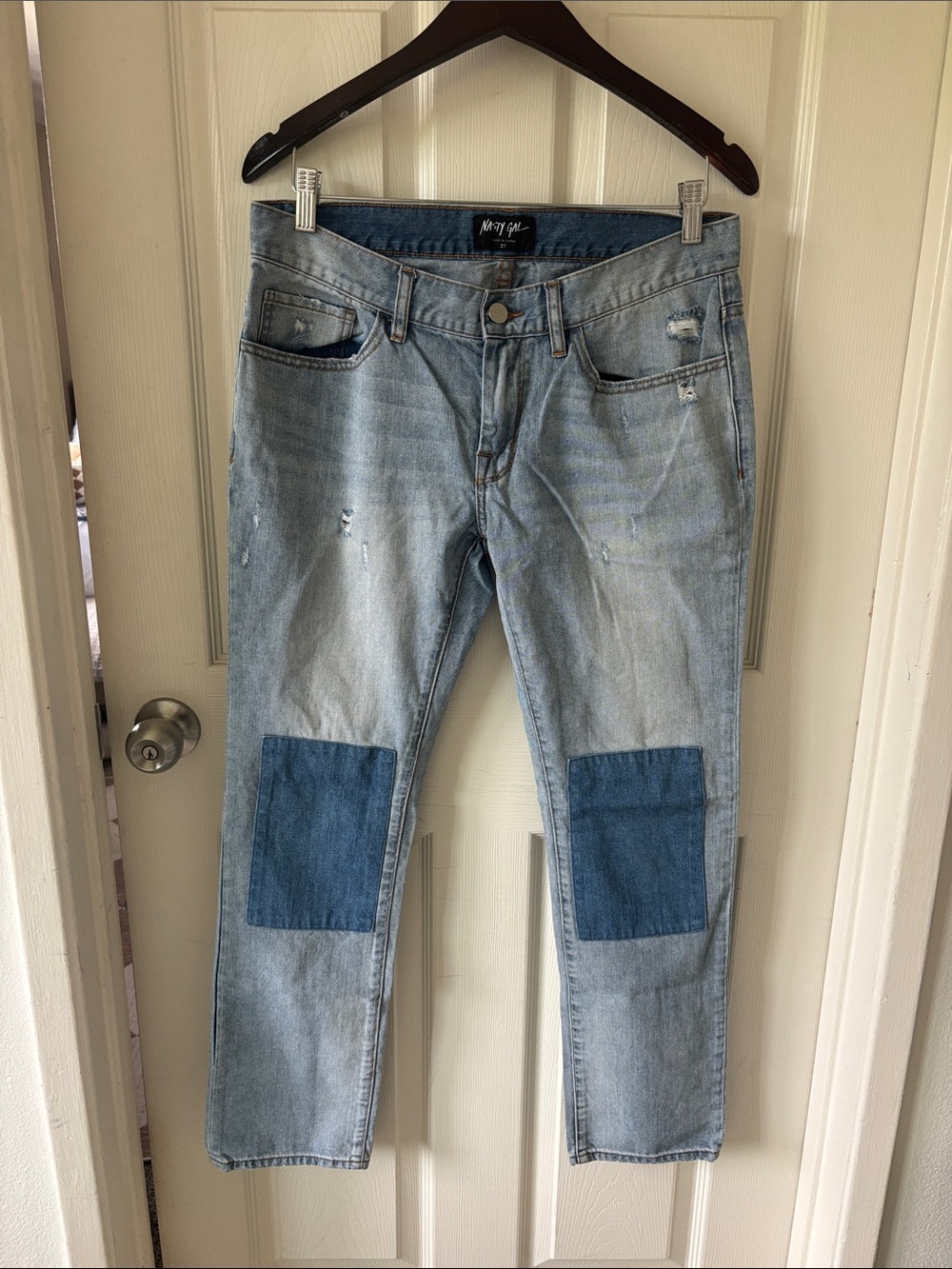 Nasty Gal Light Blue Patchwork Knee Jeans